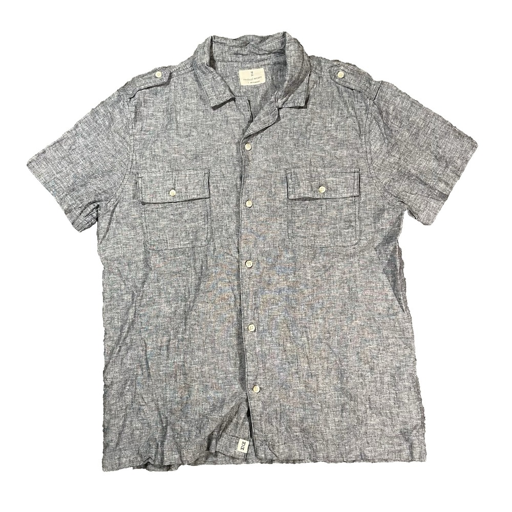Mutual Weave Button Up Shirt Short Sleeve Linen Blend Blue Large Camp Outdoors